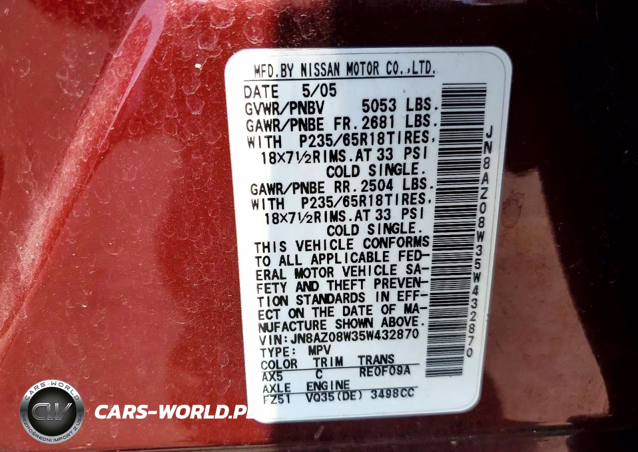 2005 Nissan Murano S VIN:JN8AZ08W35W432870 - 13