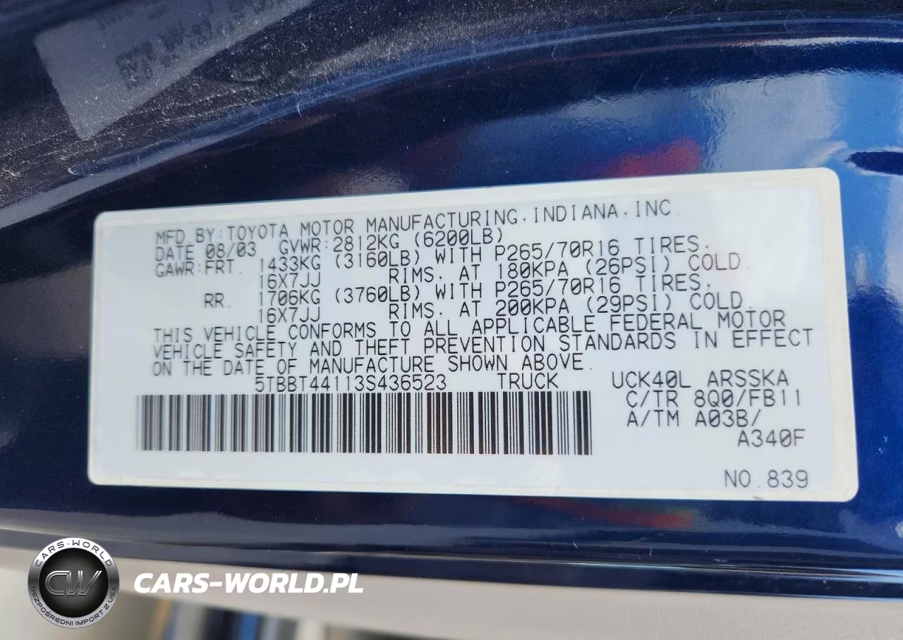 2003 Toyota Tundra Access Cab Sr5 VIN:5TBBT44113S436523 - 12