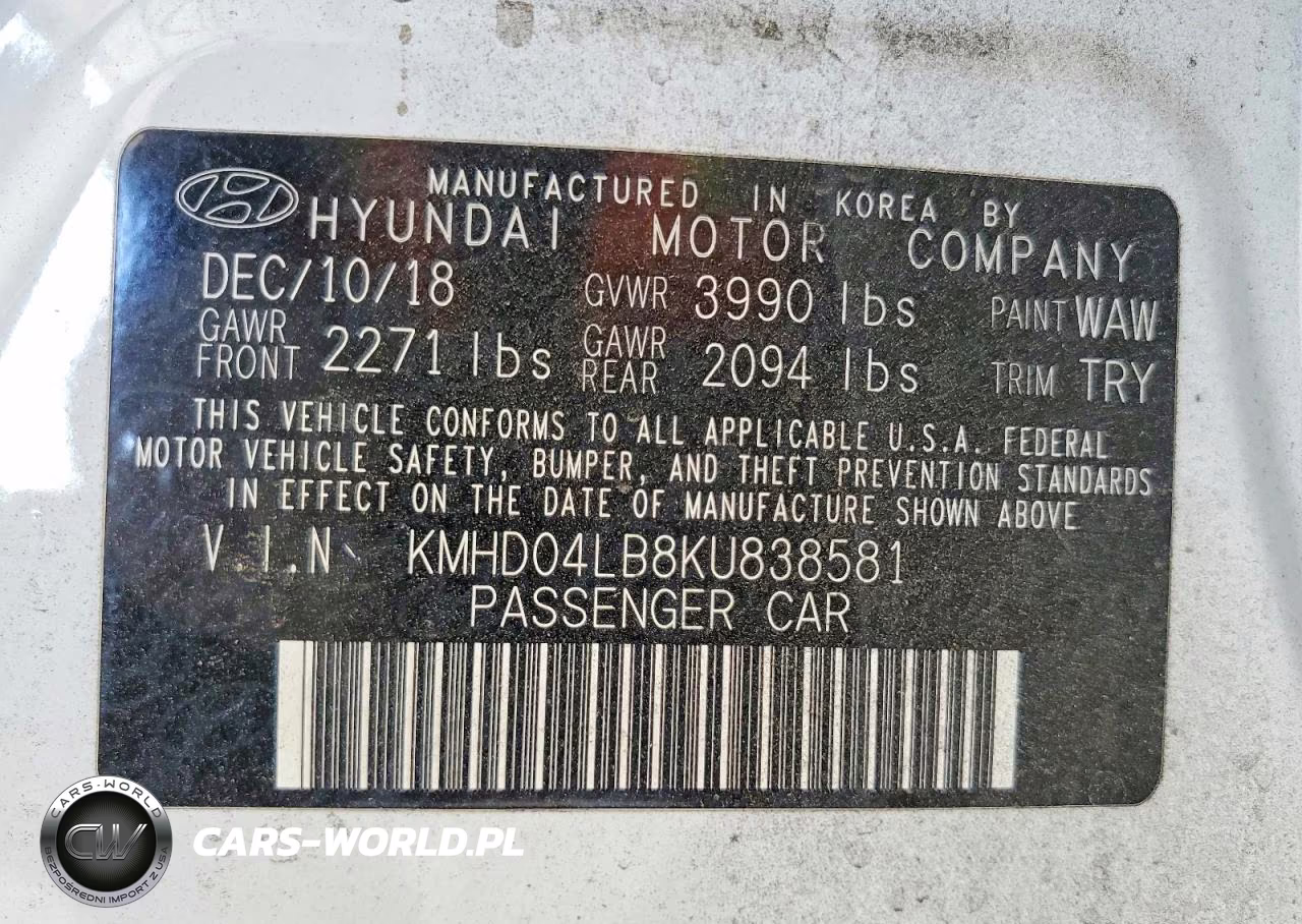 2019 Hyundai Elantra Sport VIN:KMHD04LB8KU838581 - 12