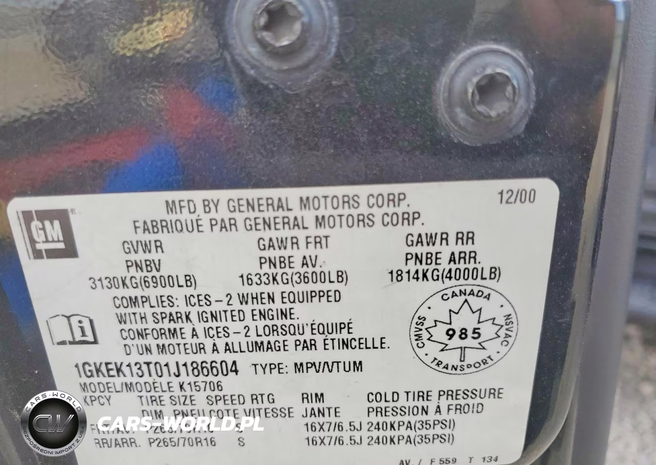2001 GMC Yukon VIN:1GKEK13T01J186604 - 12