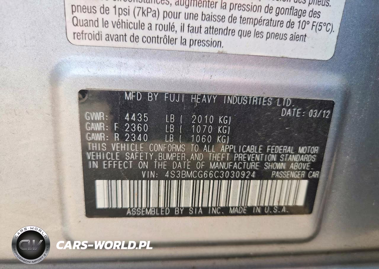 2012 Subaru Legacy 2.5I Premium VIN:4S3BMCG66C3030924 - 12