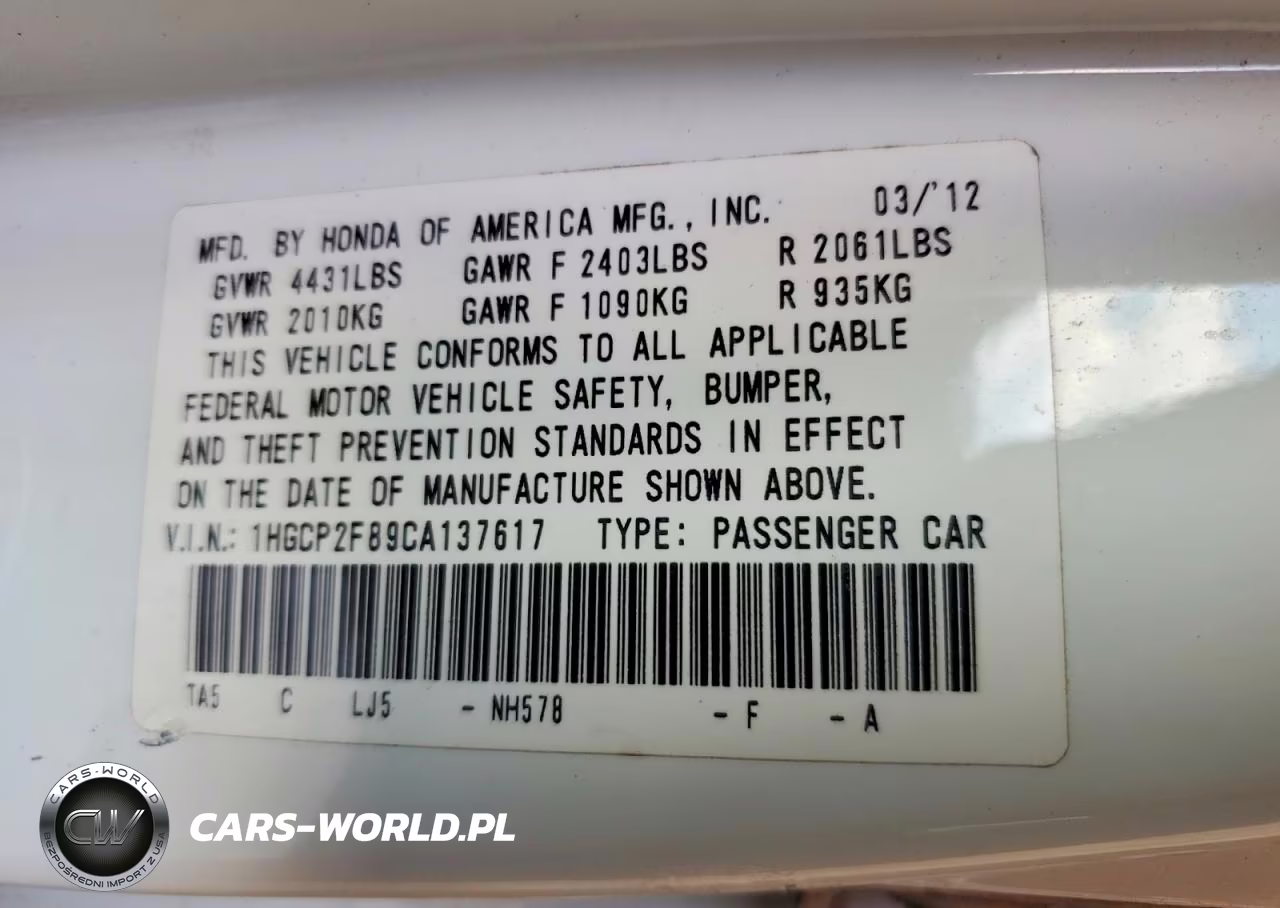 2012 Honda Accord Exl VIN:1HGCP2F89CA137617 - 12