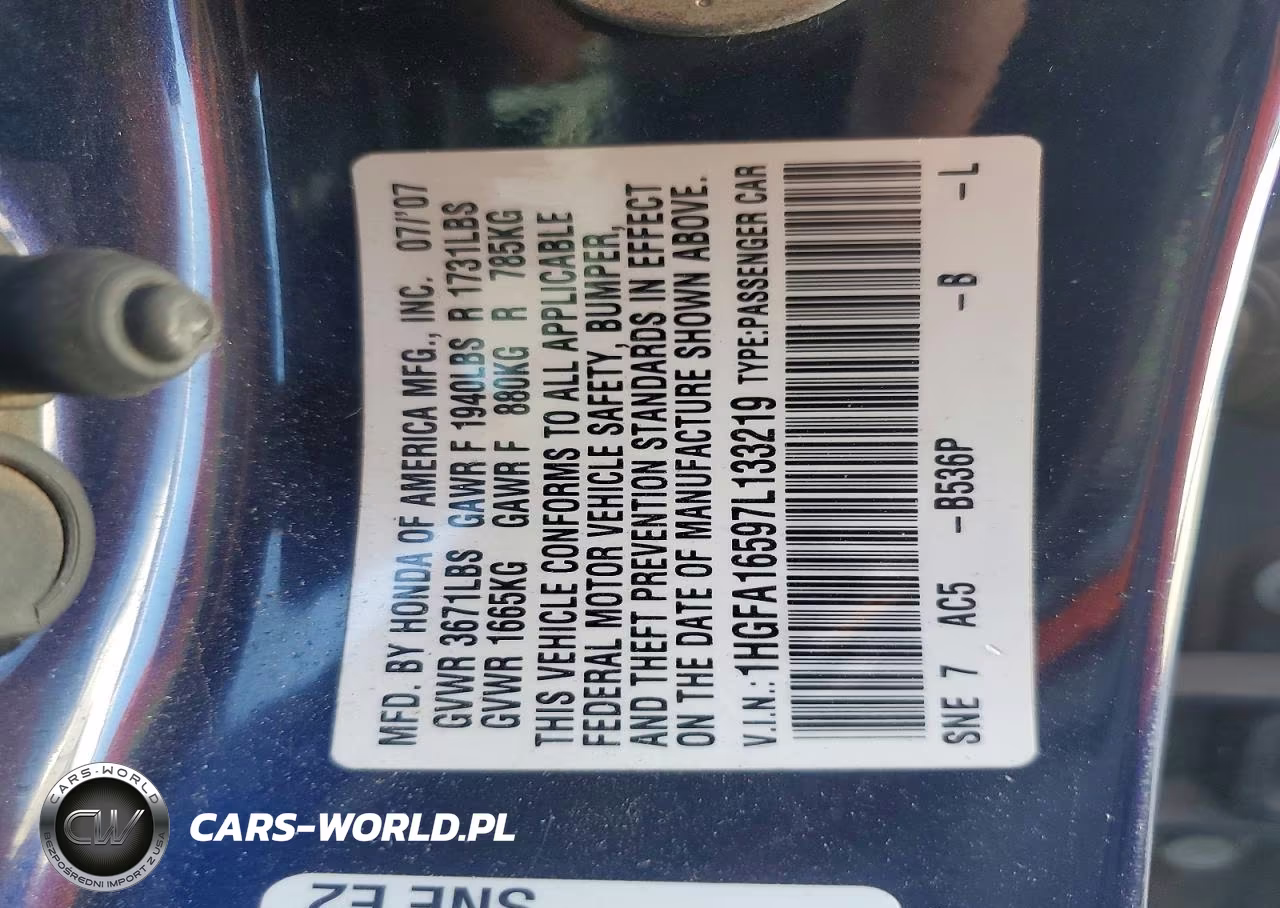 2007 Honda Civic Lx VIN:1HGFA16597L133219 - 12