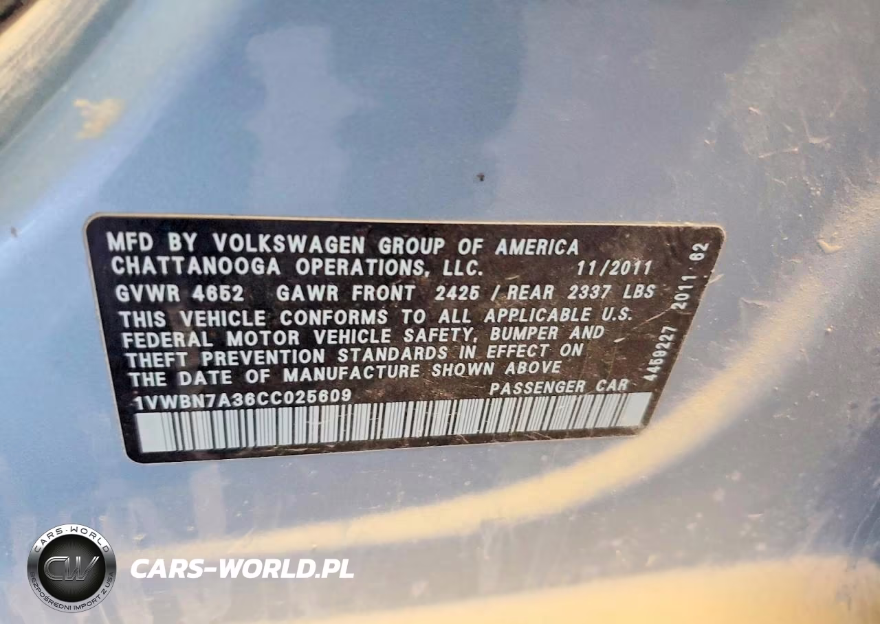 2012 Volkswagen Passat Se VIN:1VWBN7A36CC025609 - 12