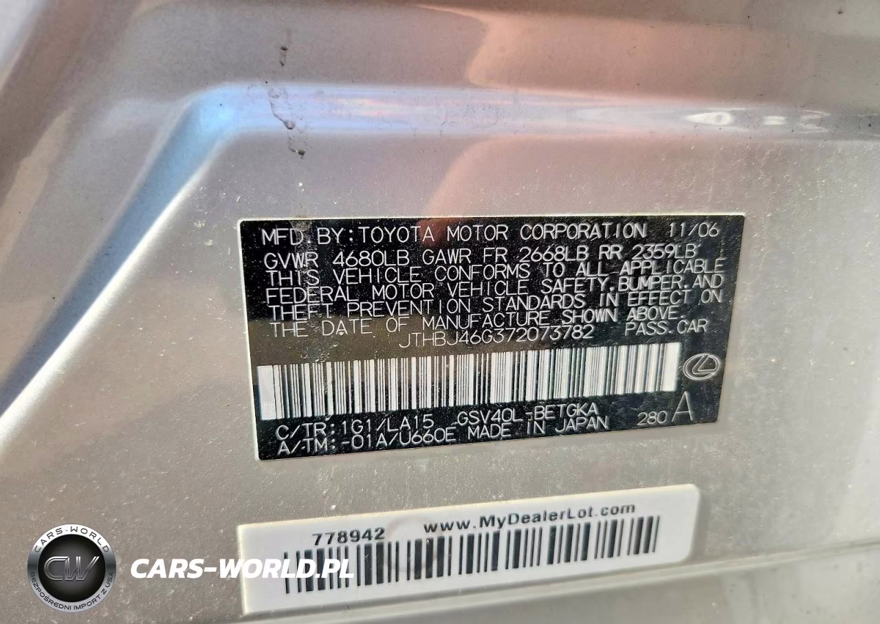 2007 Lexus Es 350 VIN:JTHBJ46G372073782 - 12