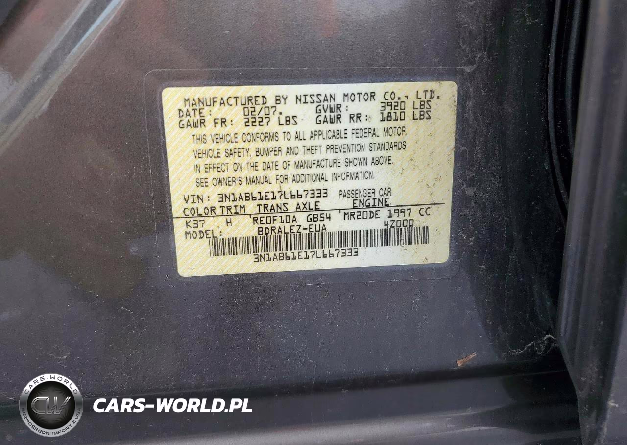 2007 Nissan Sentra 2.0 VIN:3N1AB61E17L667333 - 12