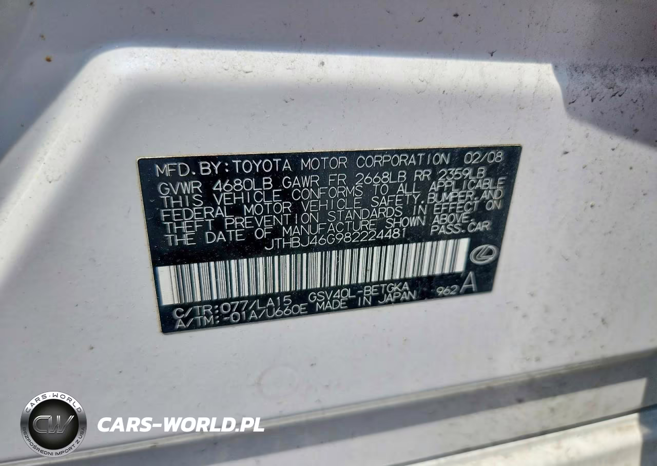 2008 Lexus Es 350 VIN:JTHBJ46G982224481 - 12