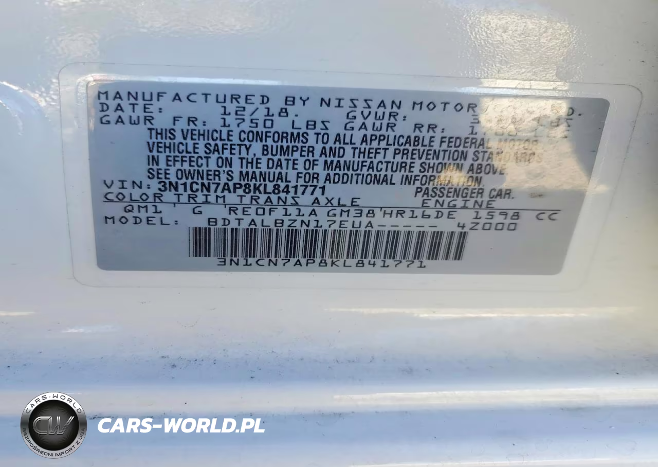 2019 Nissan Versa Sv VIN:3N1CN7AP8KL841771 - 12