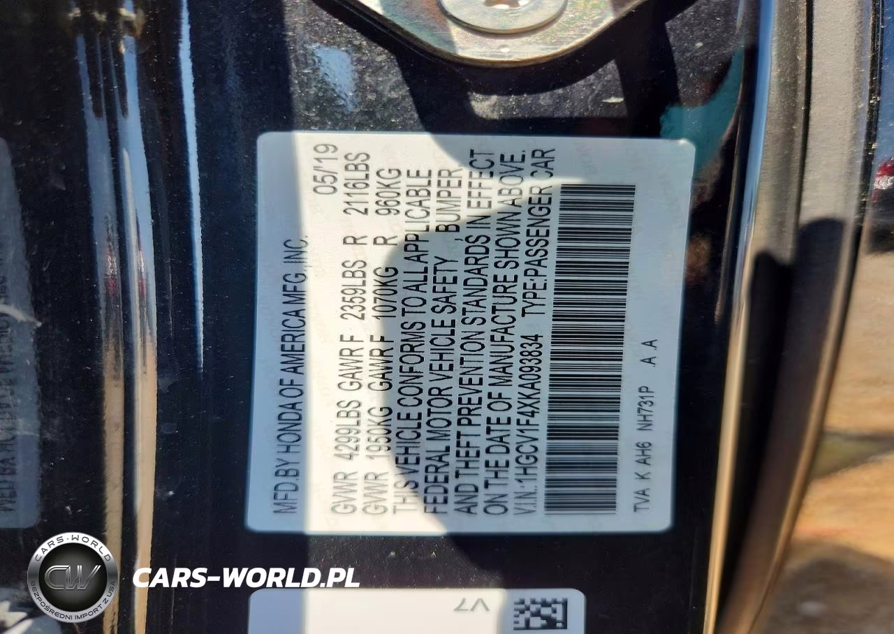 2019 Honda Accord Ex VIN:1HGCV1F4XKA093834 - 12