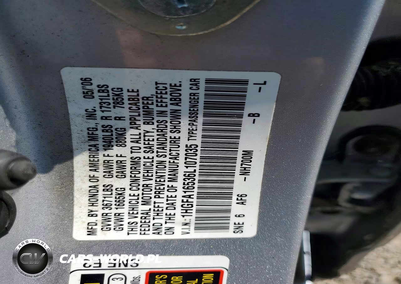 2006 Honda Civic Lx VIN:1HGFA16536L107035 - 12