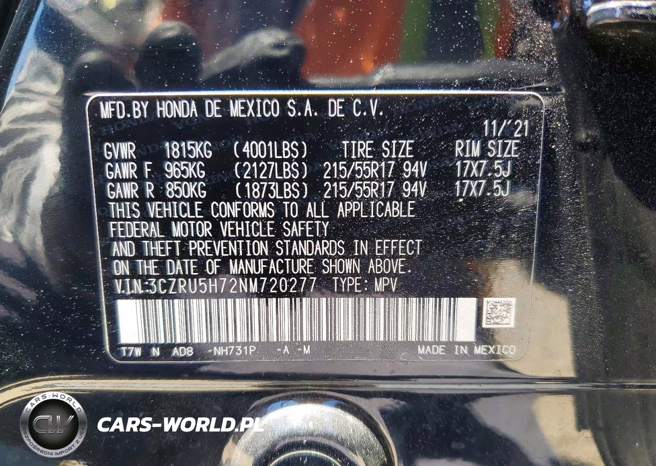 2022 Honda Hr-V Exl VIN:3CZRU5H72NM720277 - 13