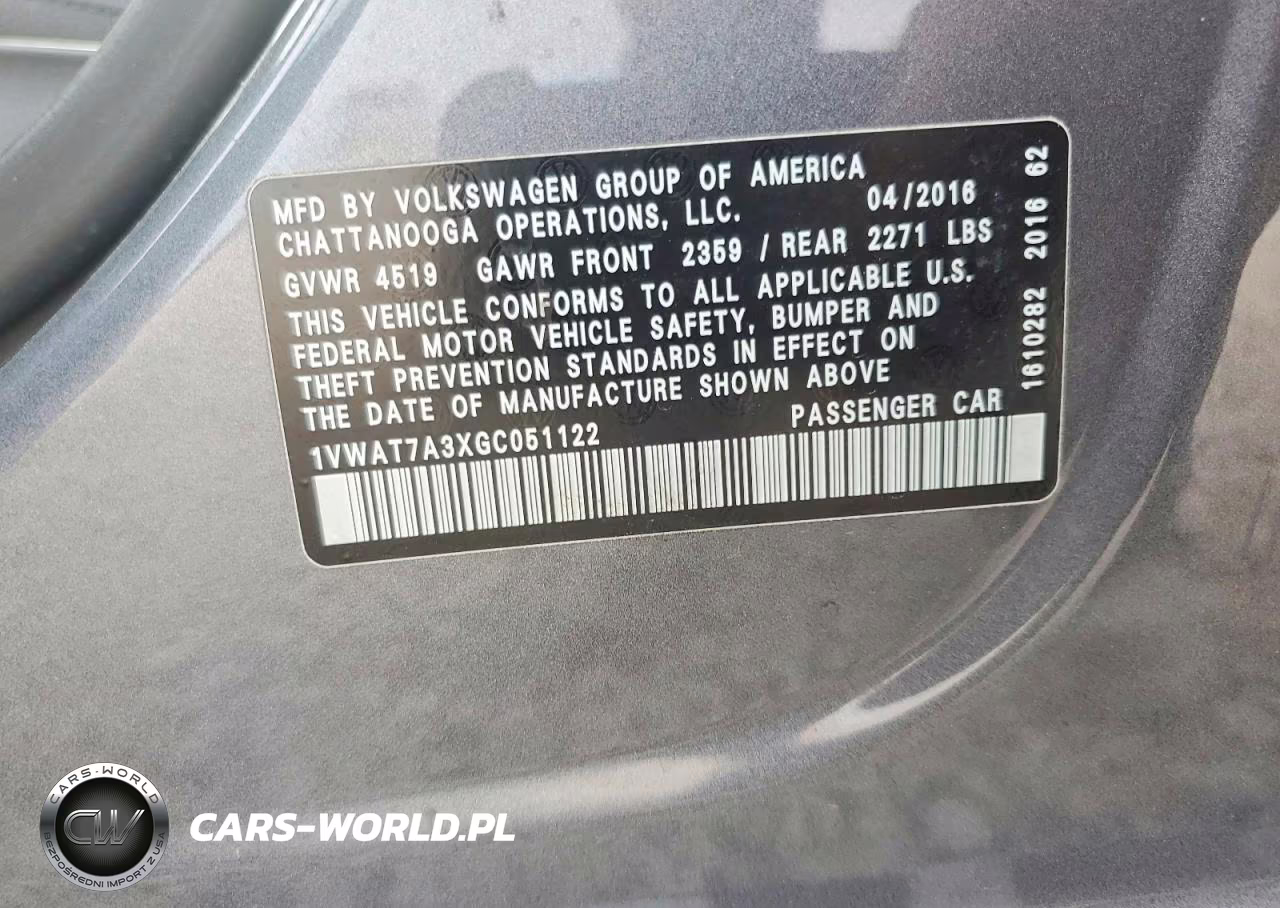 2016 Volkswagen Passat S VIN:1VWAT7A3XGC051122 - 12