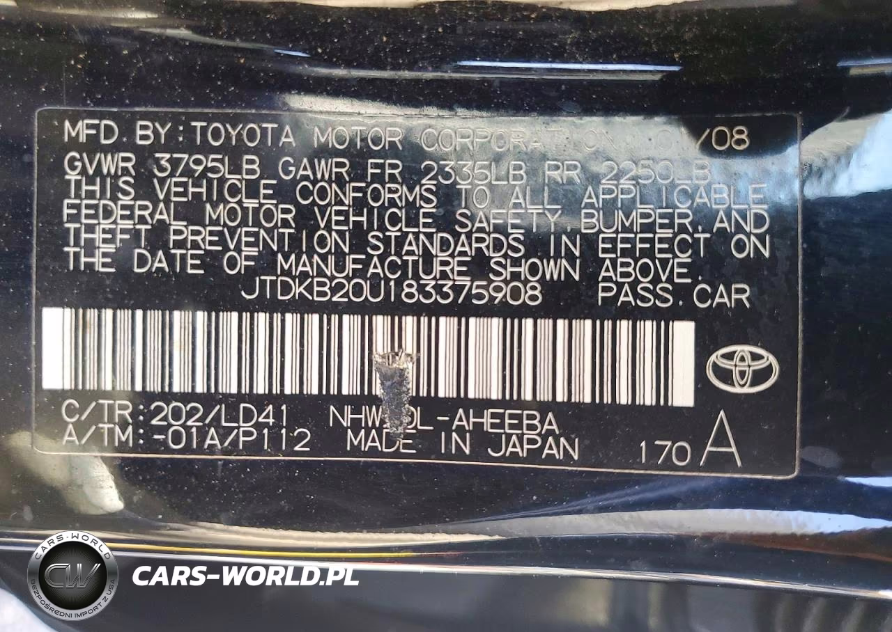 2008 Toyota Prius Base VIN:JTDKB20U183375908 - 12