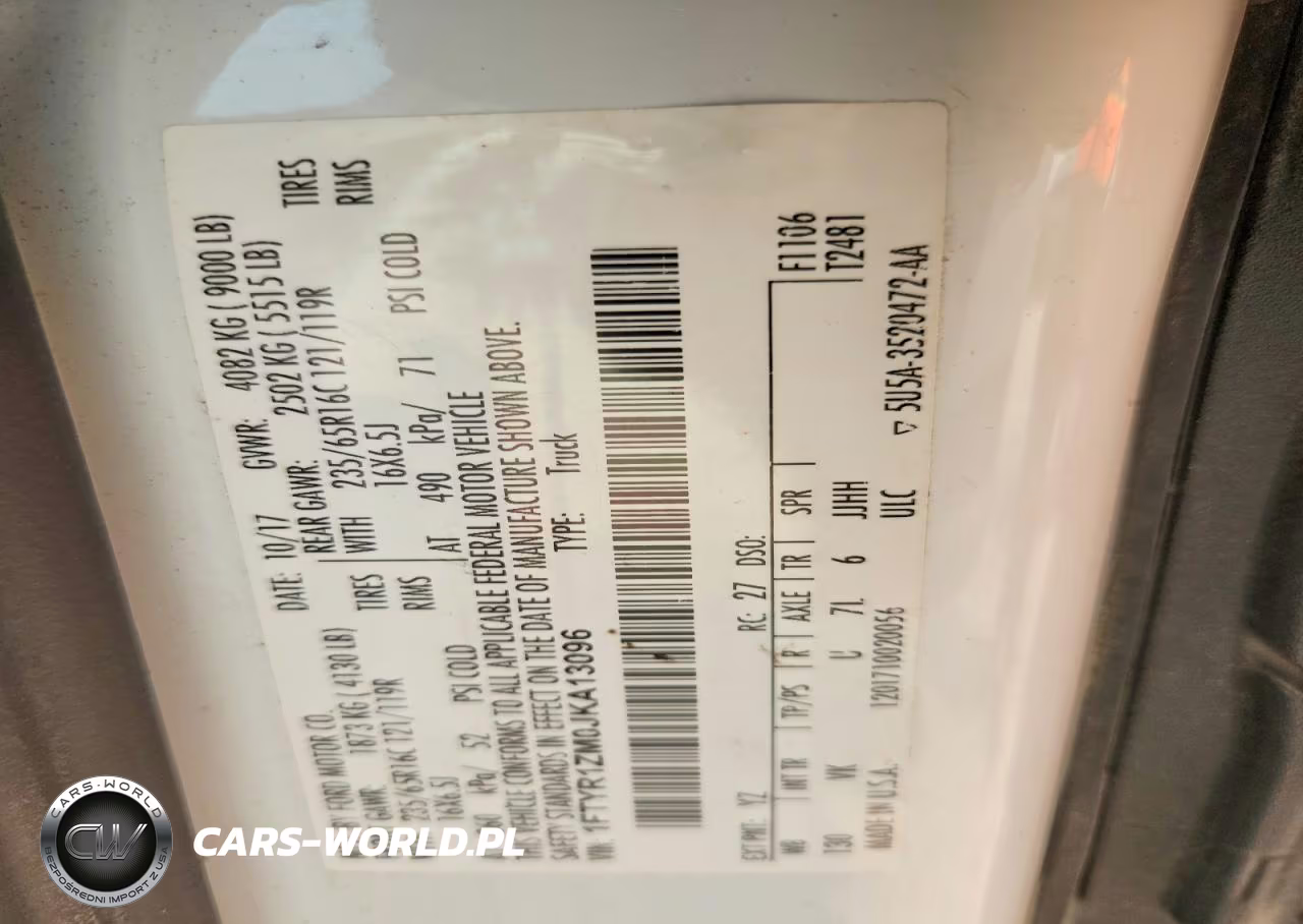 2018 Ford Transit T-250 VIN:1FTYR1ZM0JKA13096 - 13