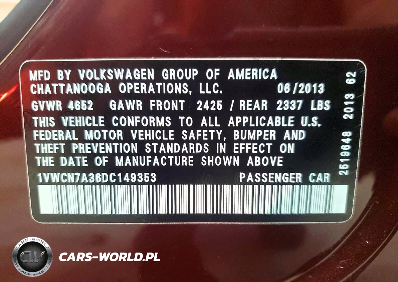 2013 Volkswagen Passat Sel VIN:1VWCN7A36DC149353 - 12