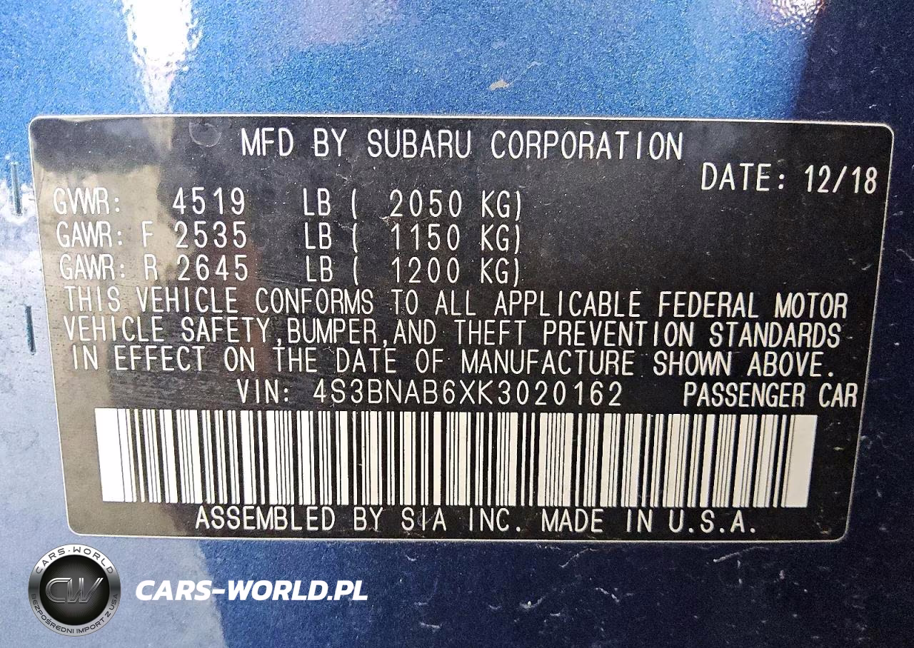 2019 Subaru Legacy 2.5I VIN:4S3BNAB6XK3020162 - 12