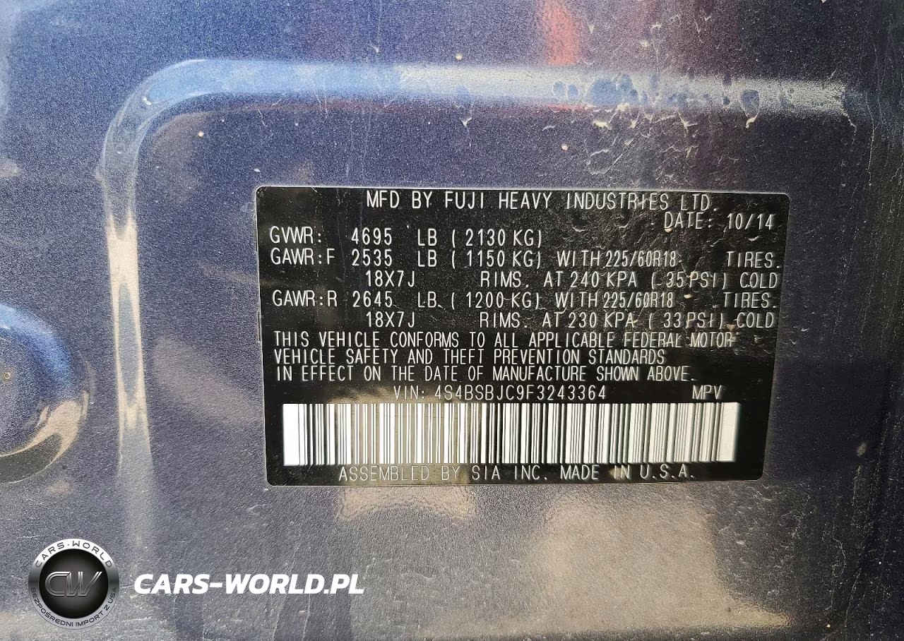 2015 Subaru Outback 2.5I Limited VIN:4S4BSBJC9F3243364 - 13