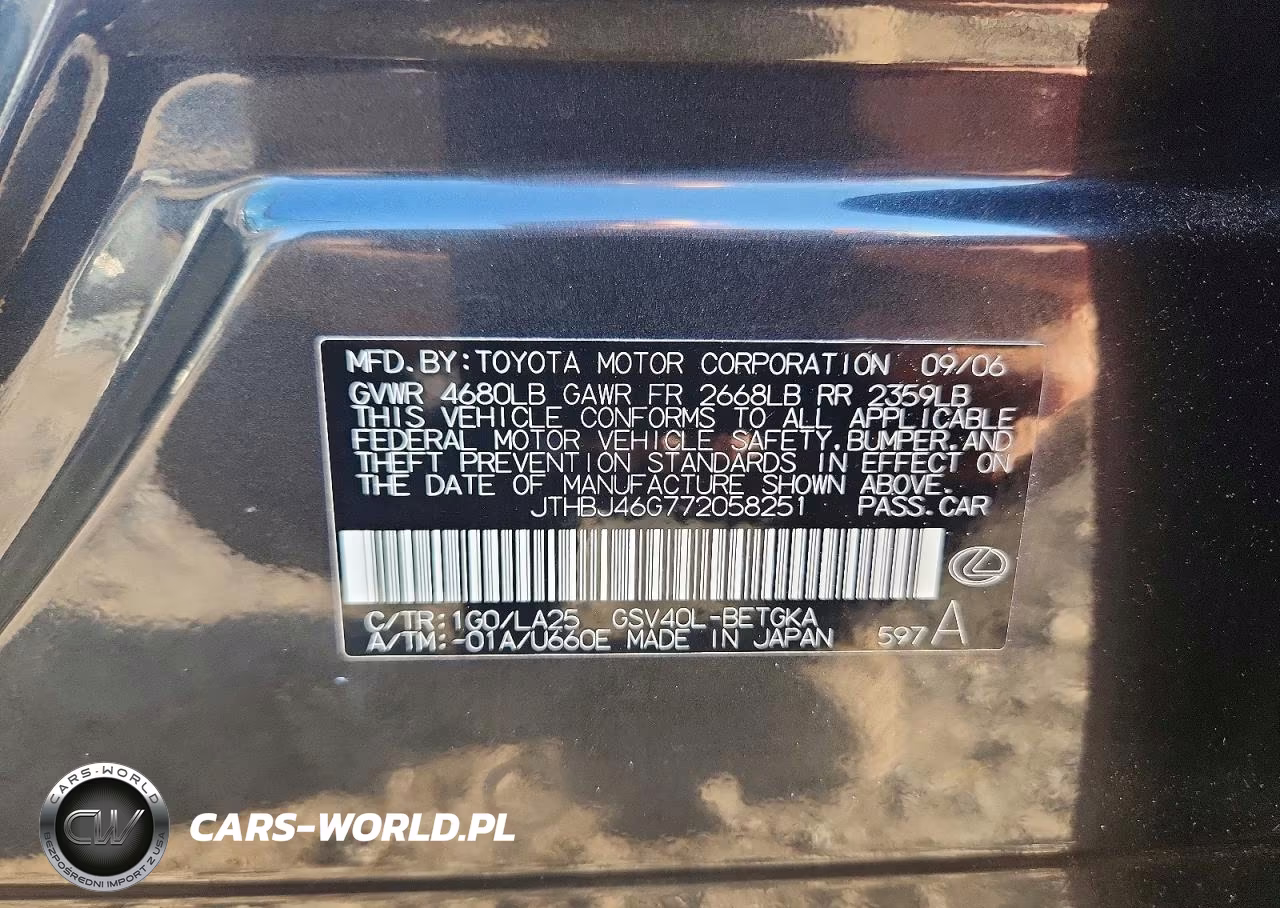 2007 Lexus Es 350 Base VIN:JTHBJ46G772058251 - 12