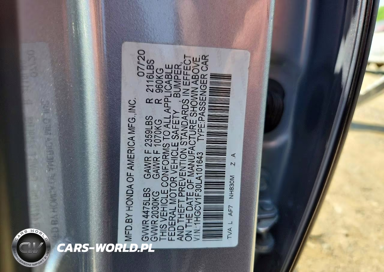 2020 Honda Accord Sport VIN:1HGCV1F30LA101643 - 12