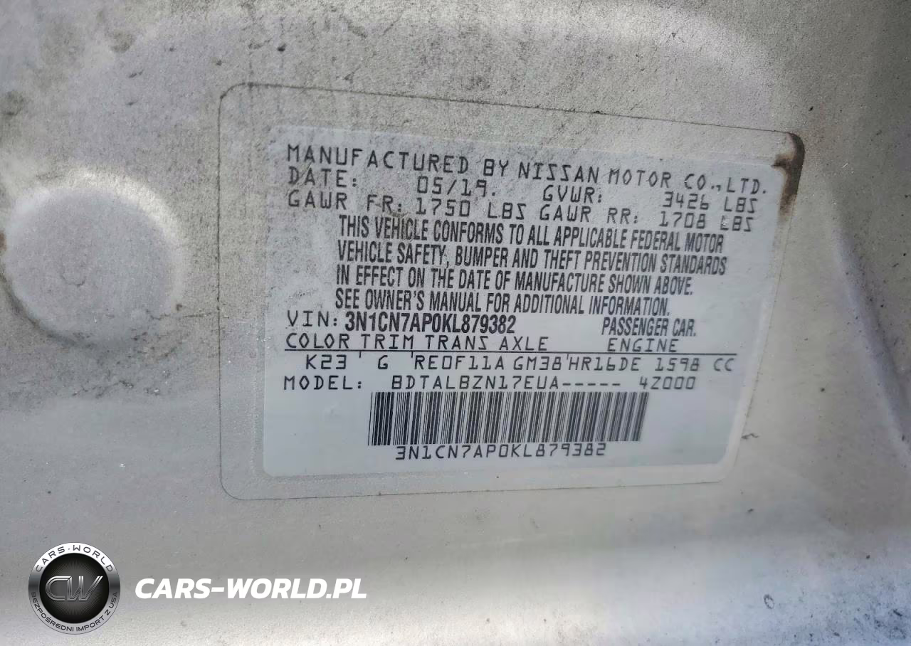 2019 Nissan Versa Sv VIN:3N1CN7AP0KL879382 - 12