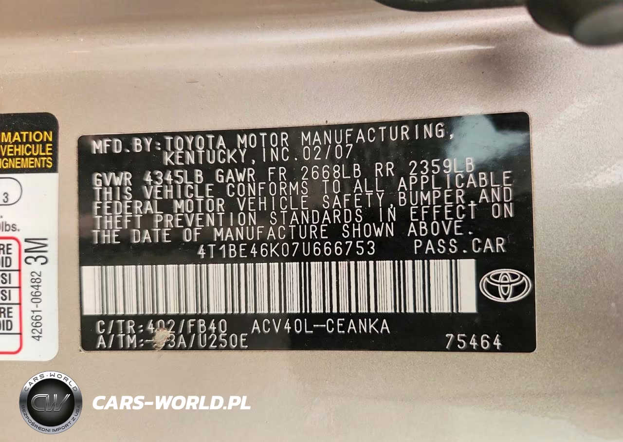 2007 Toyota Camry Le VIN:4T1BE46K07U666753 - 12