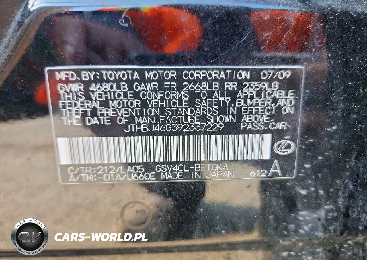 2009 Lexus Es 350 VIN:JTHBJ46G392337229 - 12