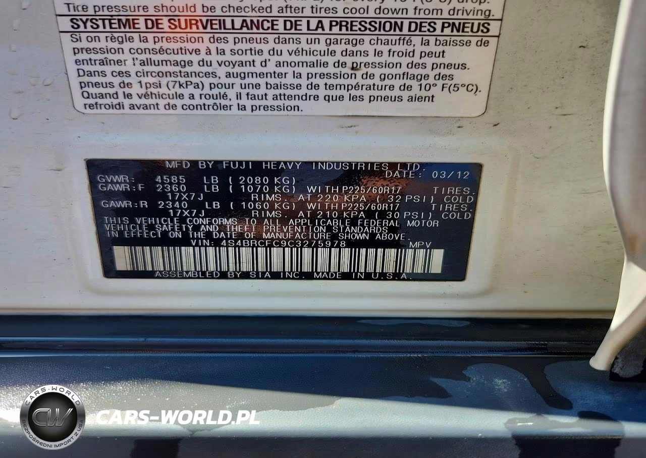 2012 Subaru Outback 2.5I Premium VIN:4S4BRCFC9C3275978 - 13