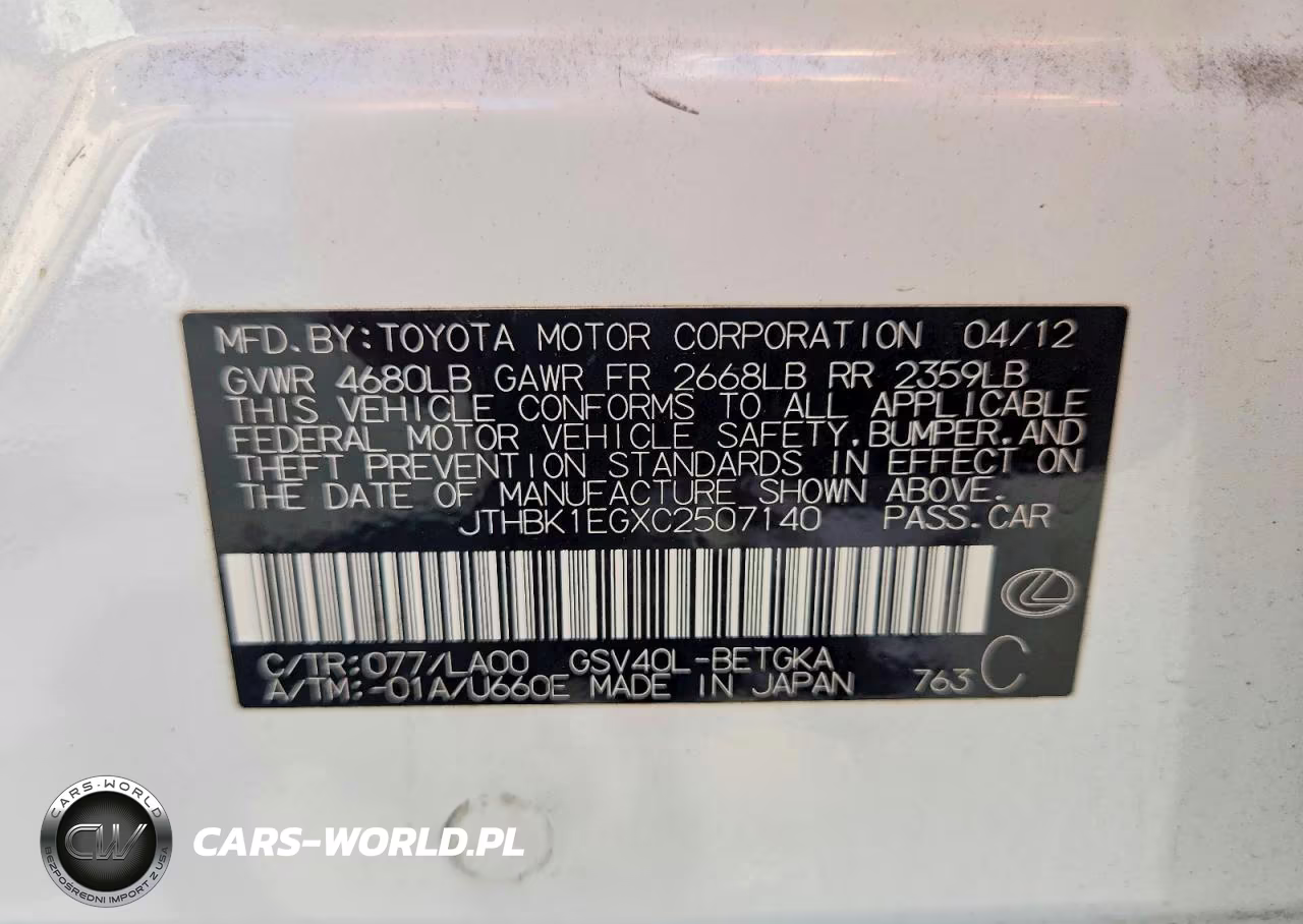2012 Lexus Es 350 VIN:JTHBK1EGXC2507140 - 12