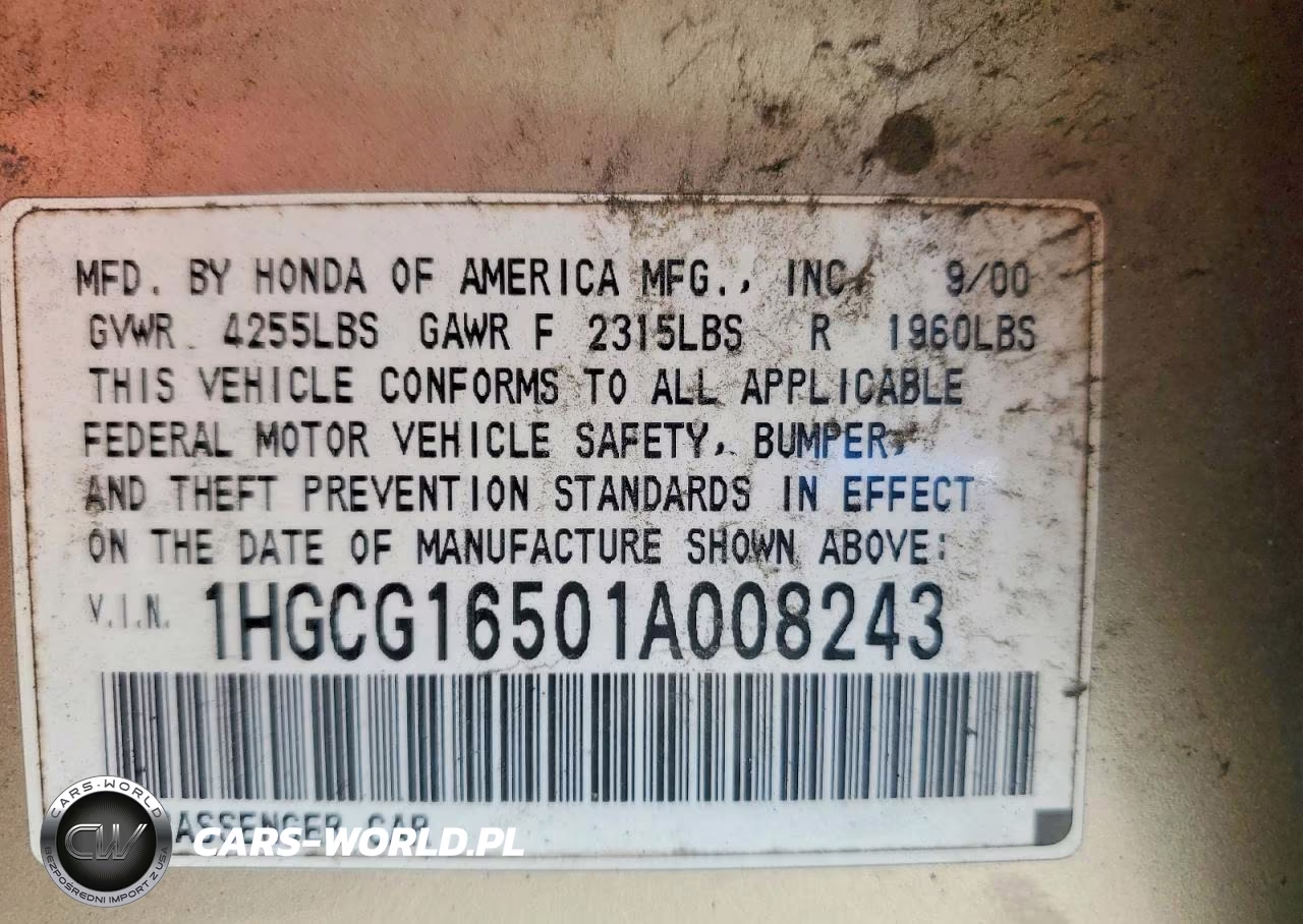 2001 Honda Accord Ex VIN:1HGCG16501A008243 - 12