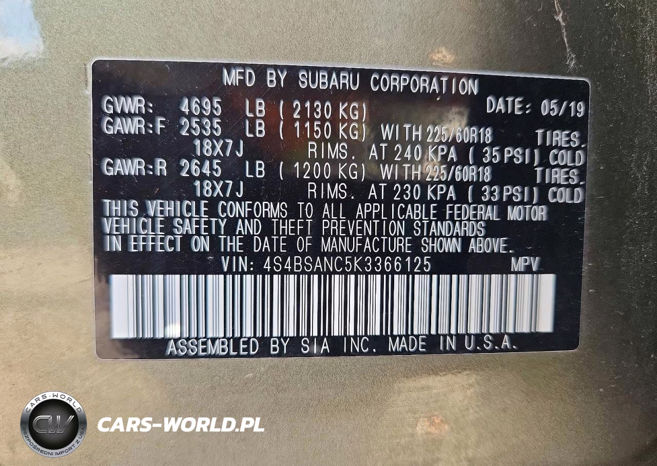 2019 Subaru Outback 2.5I Limited VIN:4S4BSANC5K3366125 - 13