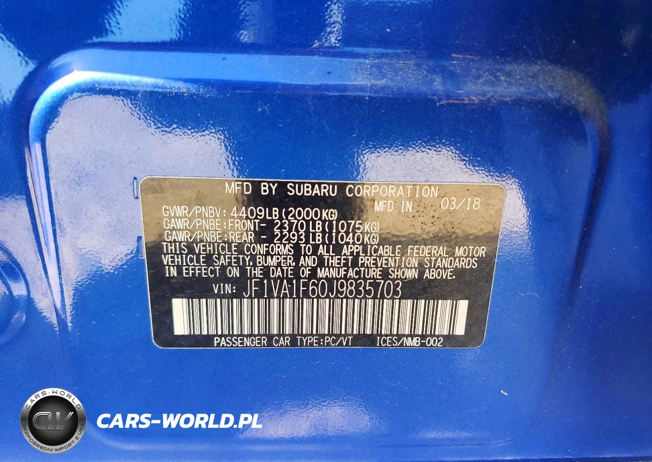 2018 Subaru Wrx Limited VIN:JF1VA1F60J9835703 - 12
