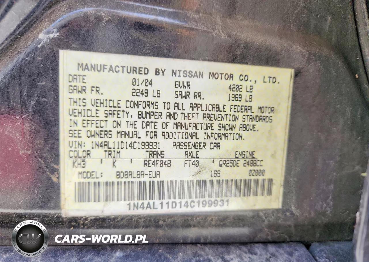 2004 Nissan Altima 2.5 VIN:1N4AL11D14C199931 - 12