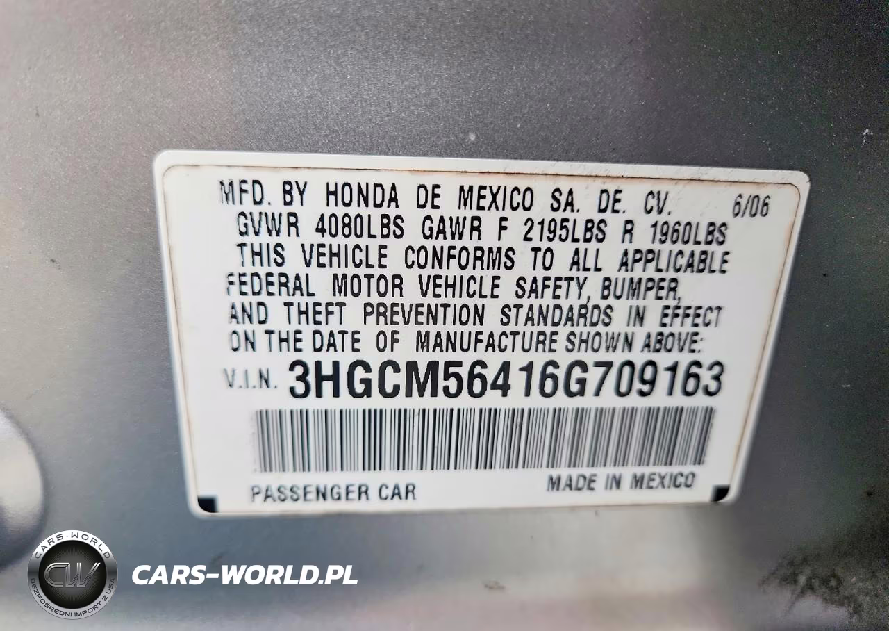 2006 Honda Accord Lx VIN:3HGCM56416G709163 - 12