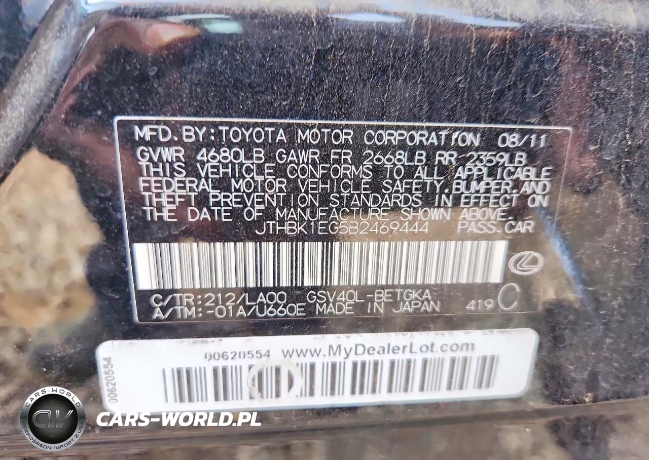2011 Lexus Es 350 VIN:JTHBK1EG5B2469444 - 12