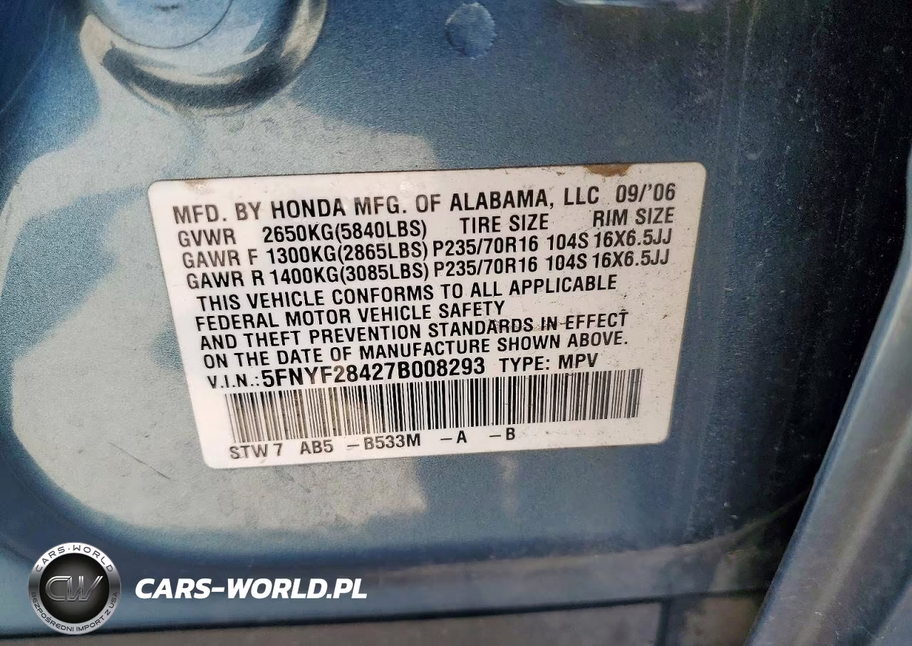 2007 Honda Pilot Ex VIN:5FNYF28427B008293 - 12