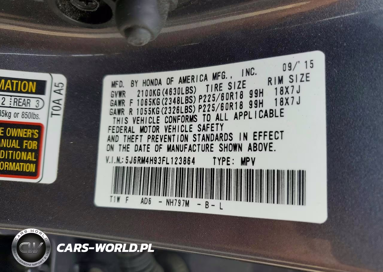 2015 Honda Cr-V Touring VIN:5J6RM4H93FL123864 - 13