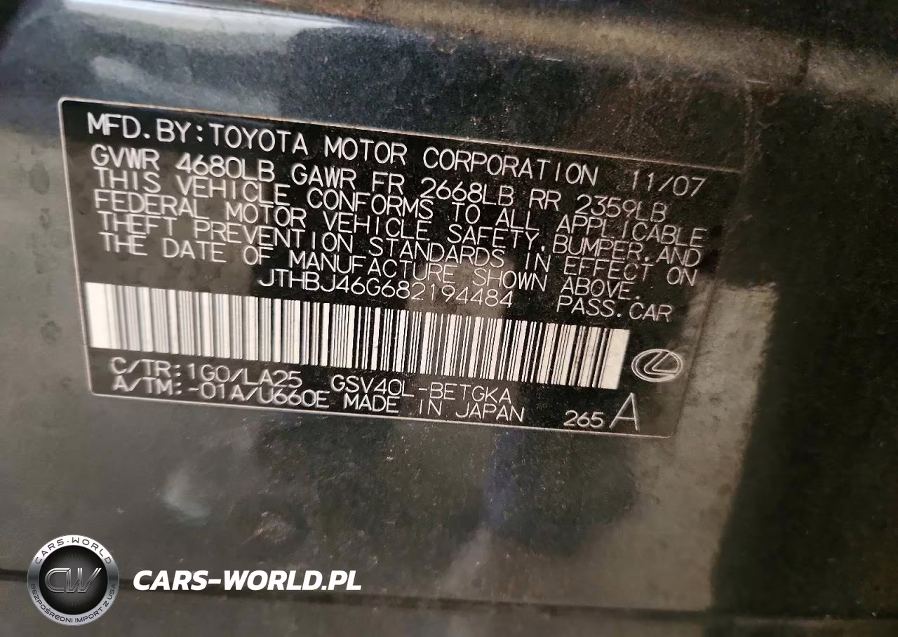 2008 Lexus Es 350 VIN:JTHBJ46G682194484 - 12