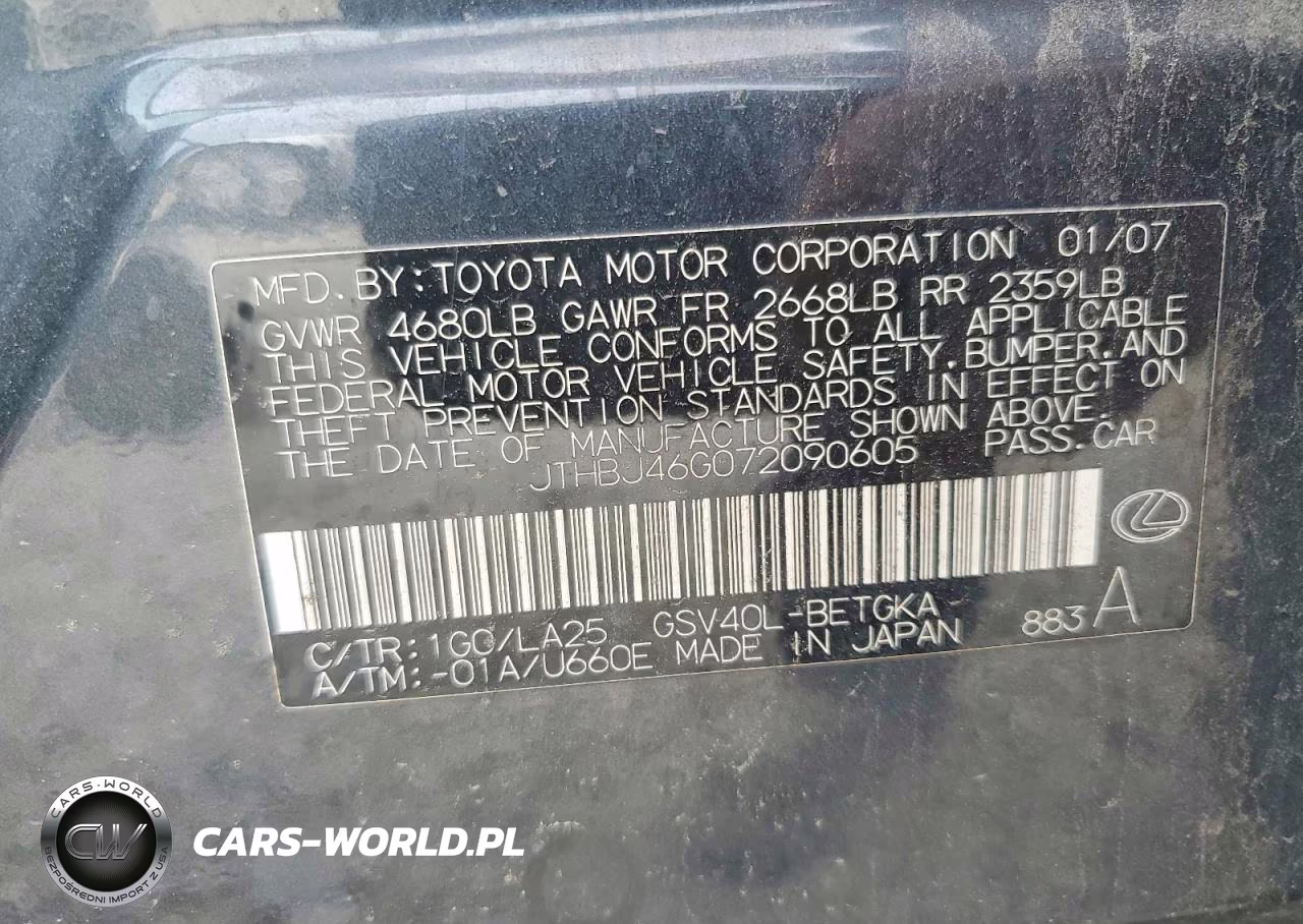 2007 Lexus Es 350 VIN:JTHBJ46G072090605 - 13