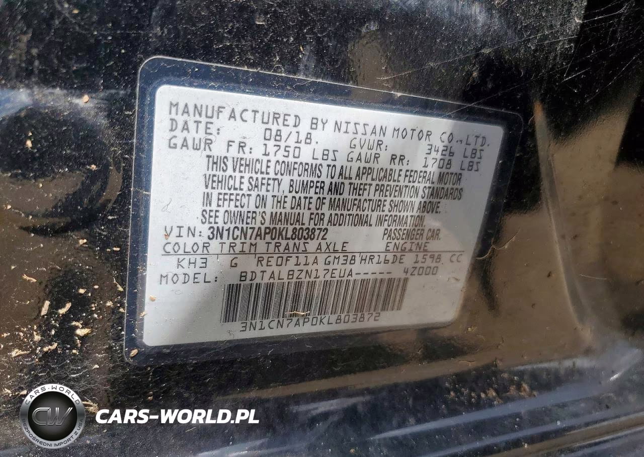 2019 Nissan Versa Sv VIN:3N1CN7AP0KL803872 - 12