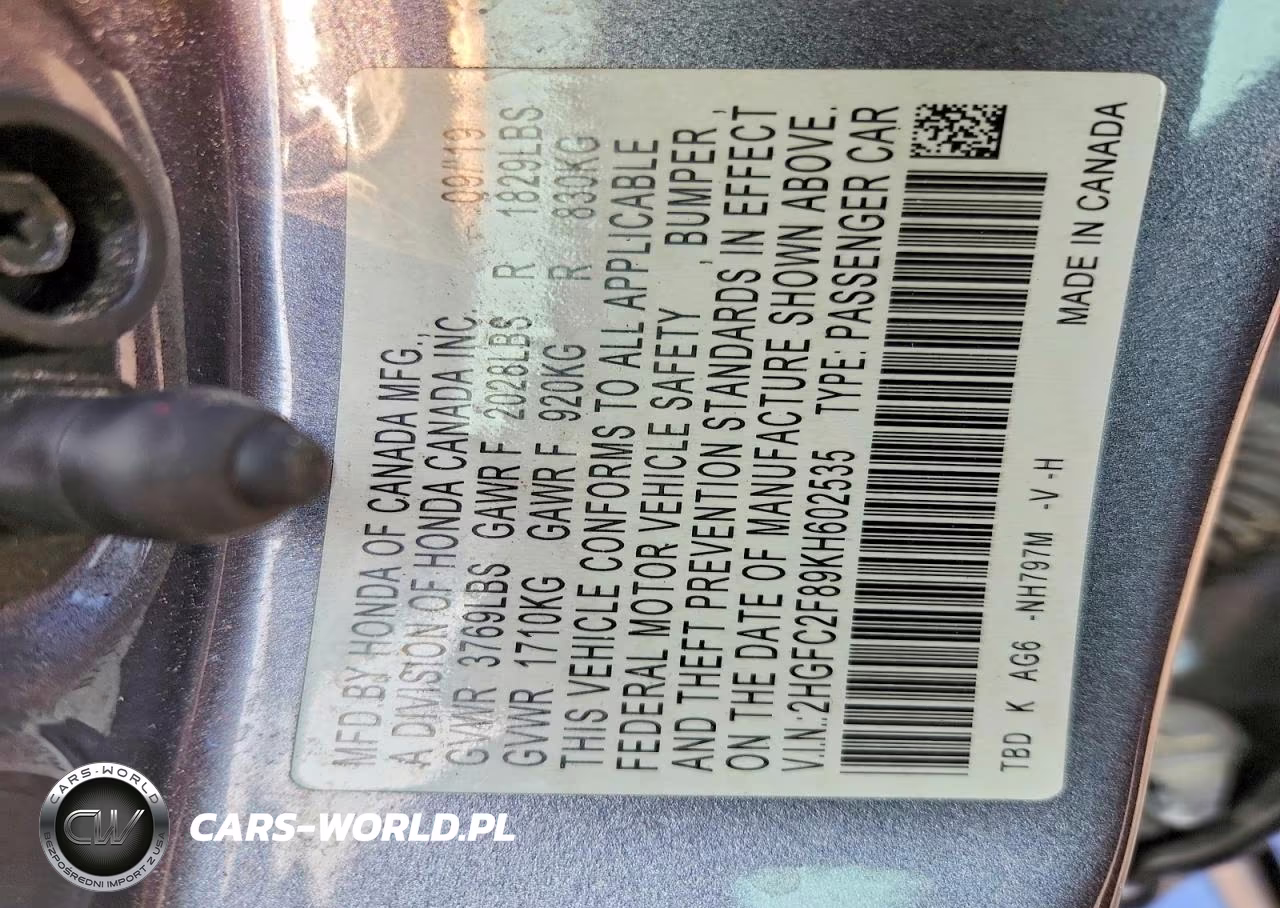 2019 Honda Civic Sport VIN:2HGFC2F89KH602535 - 12