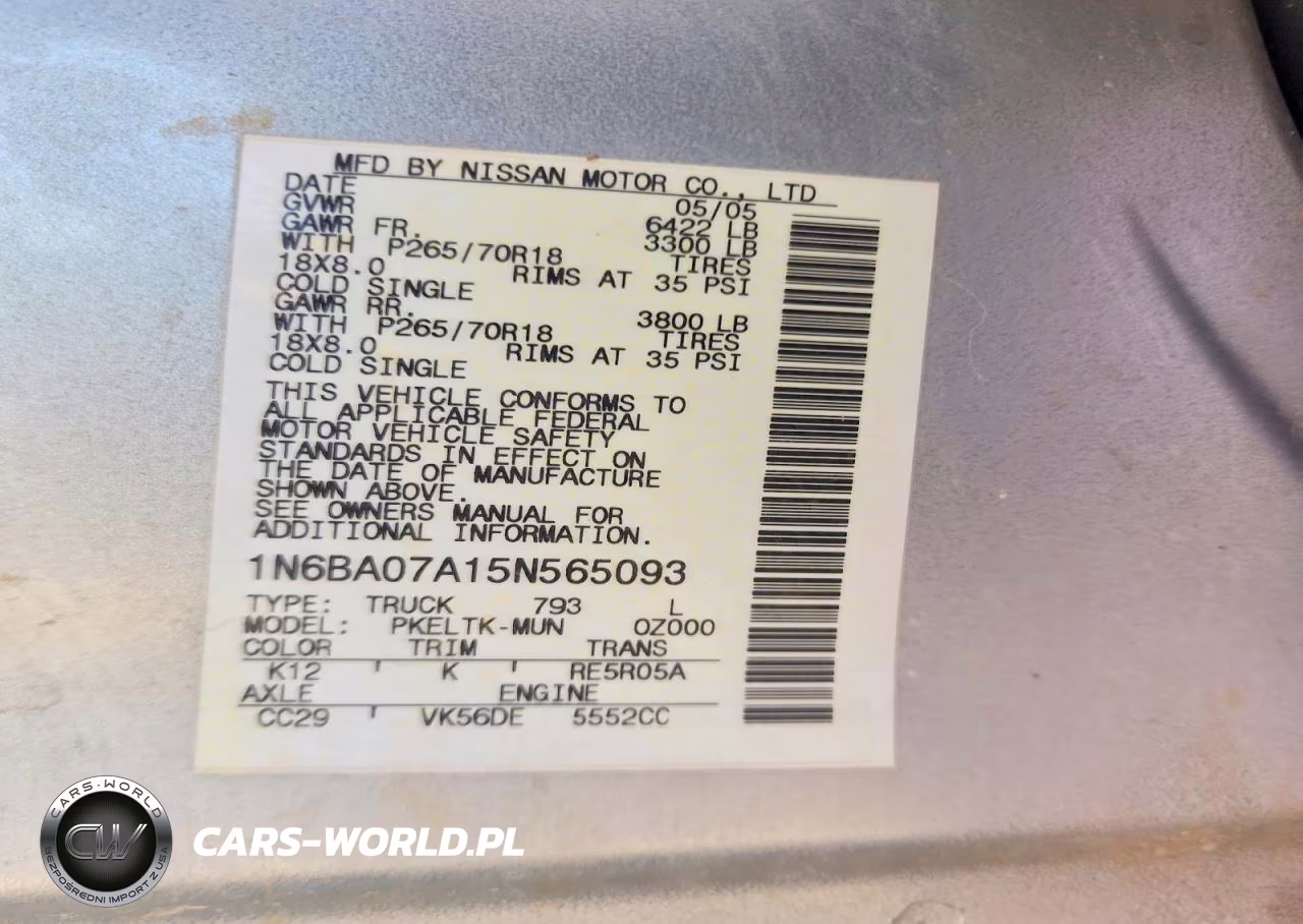 2005 Nissan Titan Xe VIN:1N6BA07A15N565093 - 12