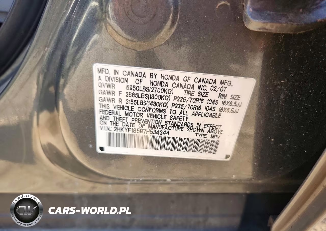 2007 Honda Pilot Exl VIN:2HKYF18597H534344 - 13