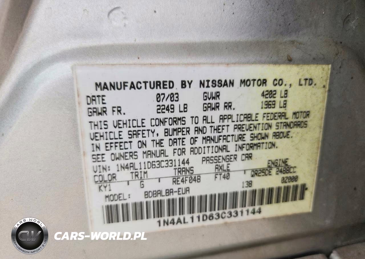 2003 Nissan Altima Base-S-Sl VIN:1N4AL11D63C331144 - 12