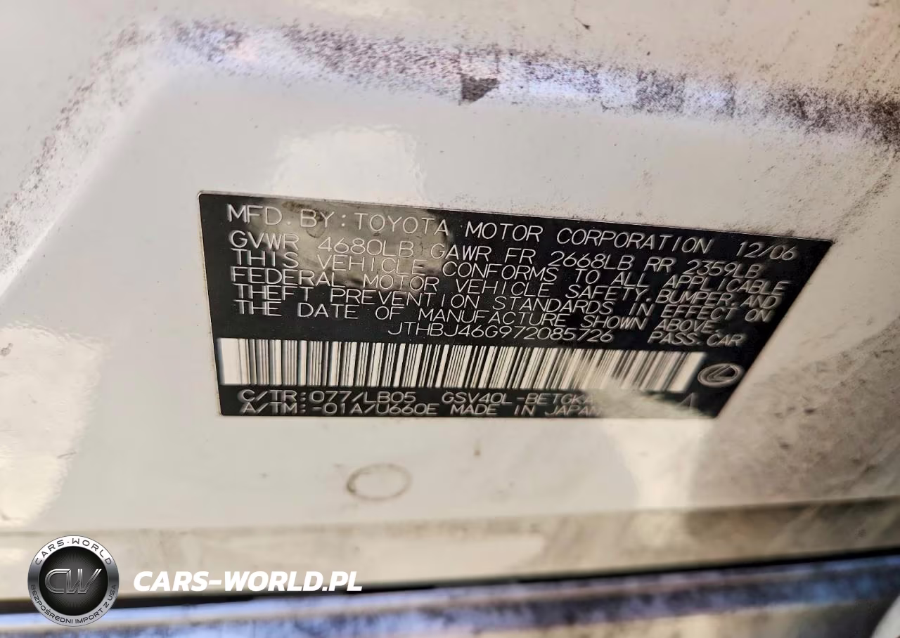 2007 Lexus Es 350 VIN:JTHBJ46G972085726 - 12