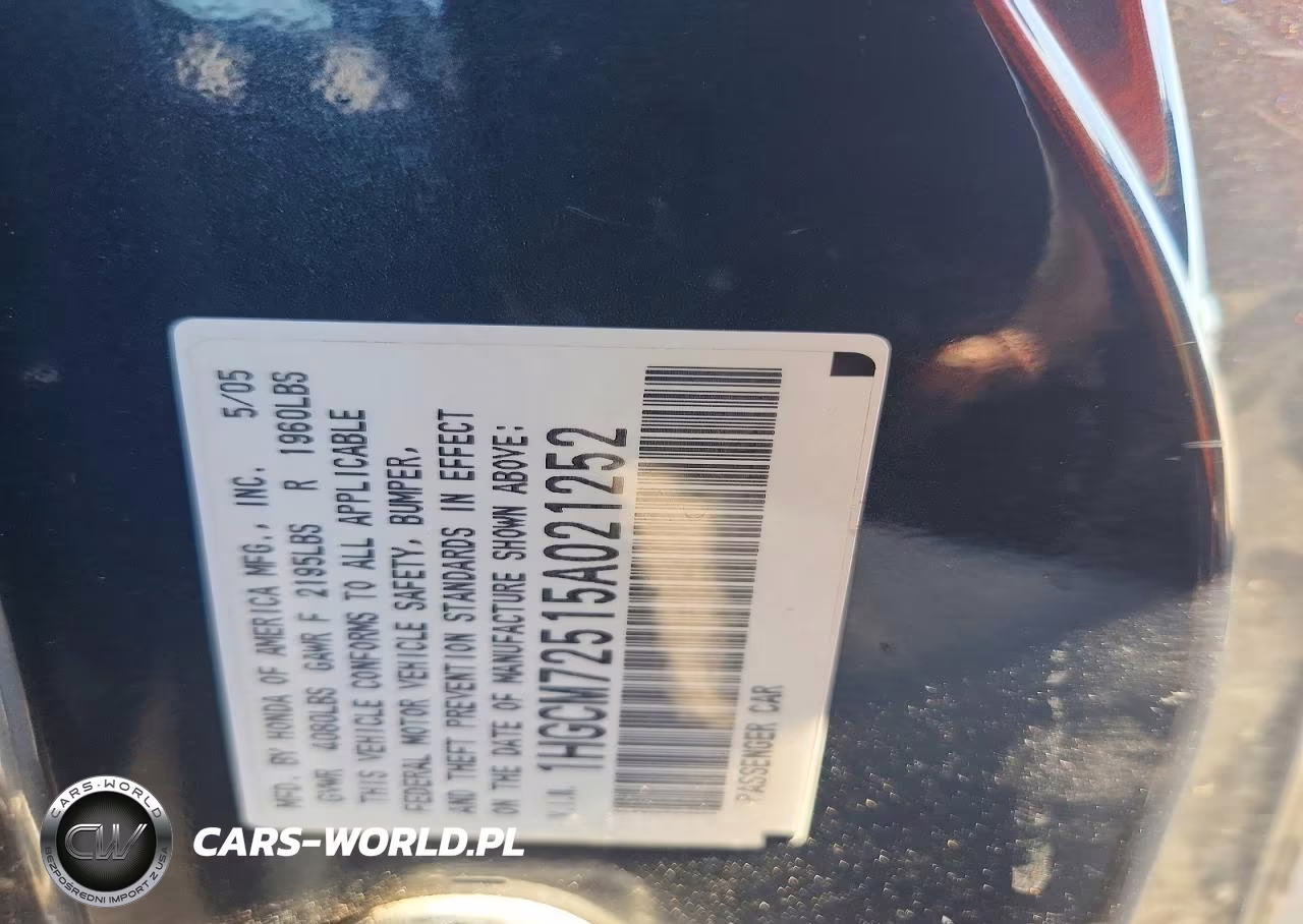 2005 Honda Accord Lx VIN:1HGCM72515A021252 - 12