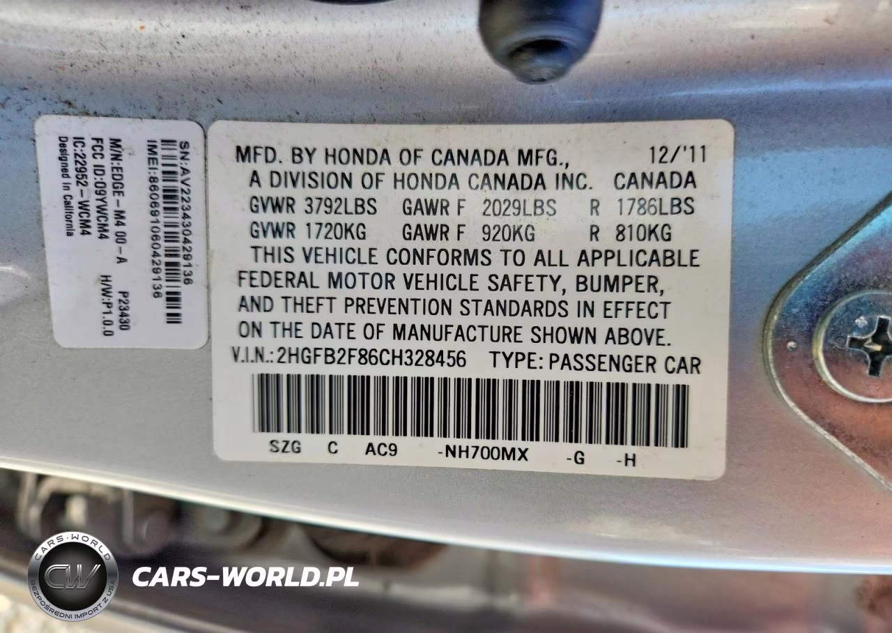 2012 Honda Civic Ex VIN:2HGFB2F86CH328456 - 12