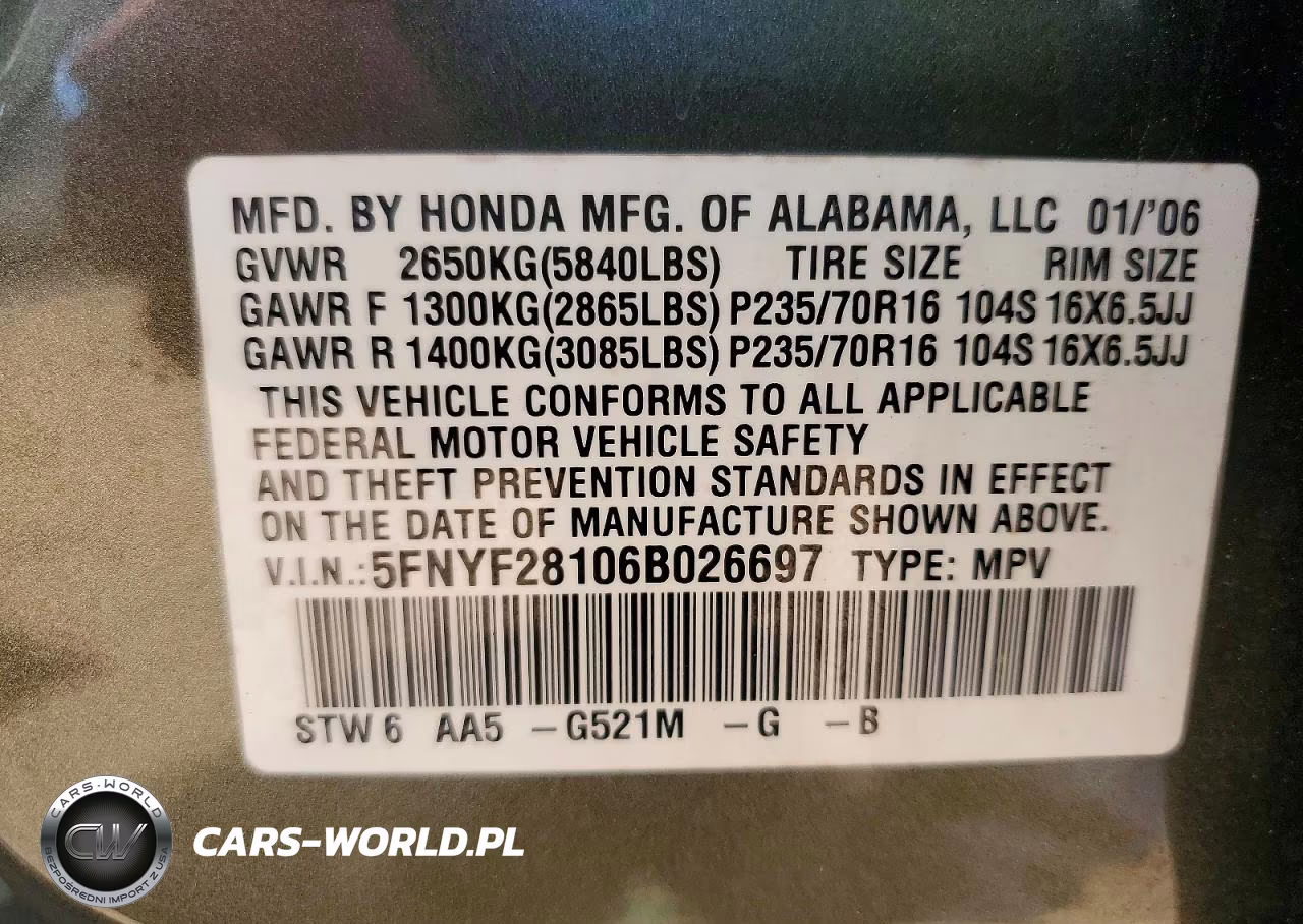 2006 Honda Pilot Lx VIN:5FNYF28106B026697 - 14