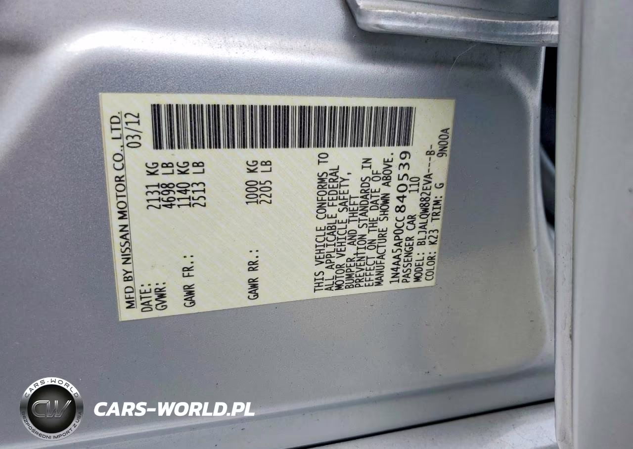 2012 Nissan Maxima S VIN:1N4AA5AP0CC840539 - 12