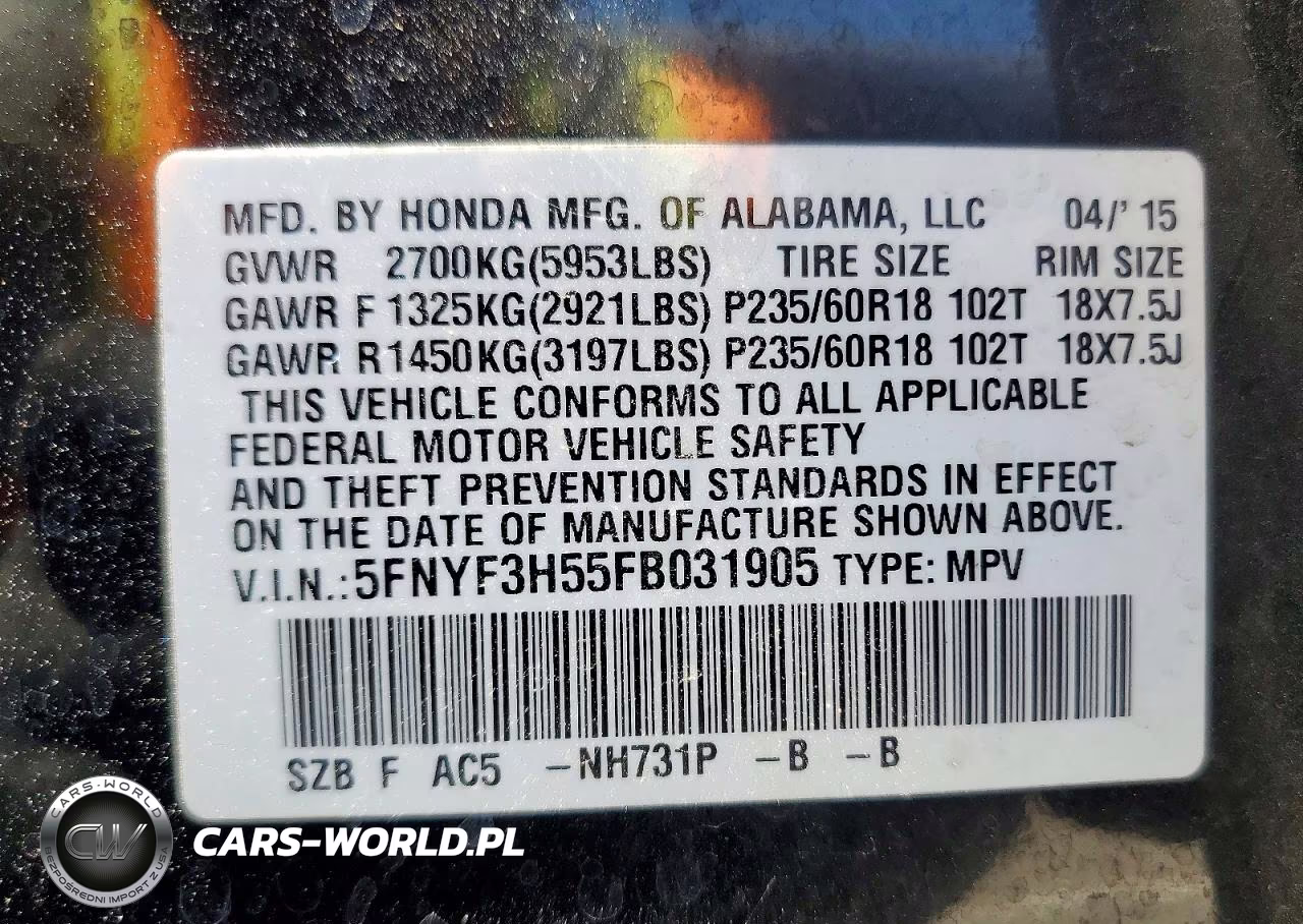 2015 Honda Pilot Exl VIN:5FNYF3H55FB031905 - 14