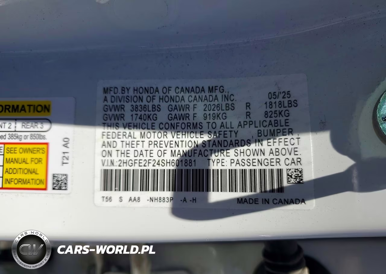 2025 Honda Civic Lx VIN:2HGFE2F24SH601881 - 12